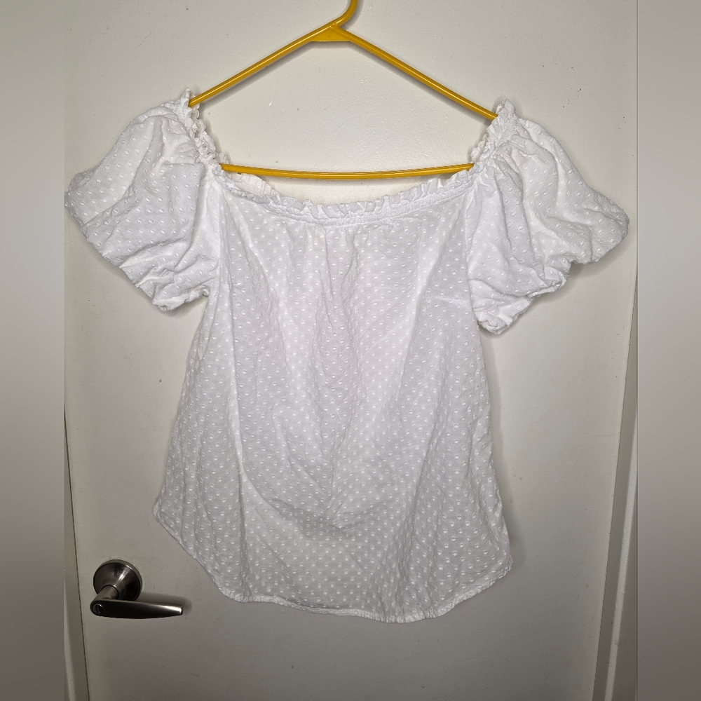 Anthropologie White Off-Shoulder Swiss Dot Puff Sleeve Top Size 6
